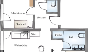 A schematic representation of an apartment with several rooms. Visible are the bedroom, living kitchen, and bathroom area.