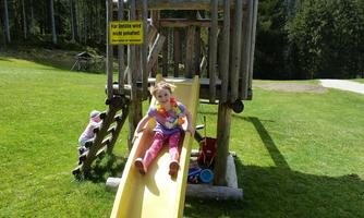 A child joyfully slides down a yellow slide on a playground. In the background, there are trees and a meadow.