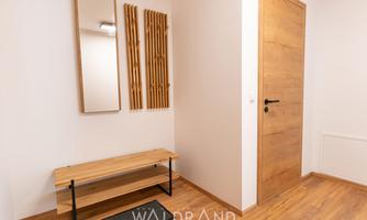 A modern hallway with a wooden bench and a large mirror. The walls are light and the wooden door adds warmth to the space.