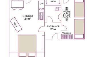 A floor plan drawing of an apartment with two bedrooms and a balcony. The studio includes a living kitchen, bathroom, and an entrance area.