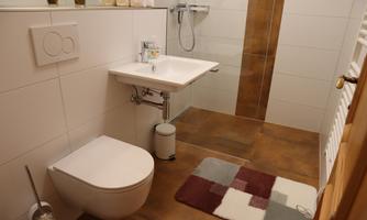 A modern bathroom with a bright design. It includes a sink, a shower, and a toilet, complemented by a colorful bath mat.