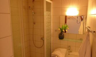 A modern bathroom with a shower cabin and a small sink. Soft lighting and fresh plants create an inviting atmosphere.