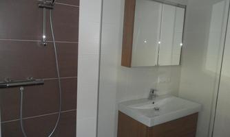 A modern bathroom with an elegant shower and a wood-look sink. The walls are designed to be bright and simple.