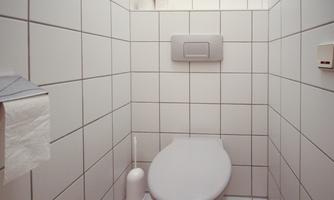 A small bathroom with white tiles. It contains a toilet, toilet paper, and a cleaning utensil.