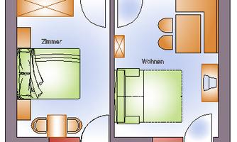 An apartment layout with two bedrooms, a living room, a kitchen, and a bathroom. The arrangement is clear and well-organized.