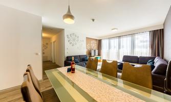 A modern apartment with an elegant dining table and comfortable sofas. Large windows provide plenty of daylight.