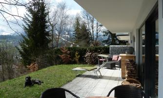 A terrace with a beautiful view of nature. In the foreground, there is a table with chairs and a dog is lying relaxed in the garden.