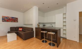 A modern apartment with an open kitchen and a cozy living room. The tidy space features wooden flooring and light furniture.