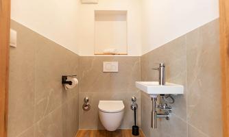 A modern bathroom with a toilet and a small sink. The walls are in neutral colors and the floor is made of wood.