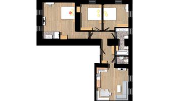 A floor plan of an apartment with two bedrooms, a bathroom, and a living area. The flooring has a wood look and the rooms are arranged functionally.