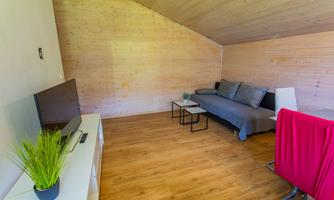 A cozy living space with wood paneling and a modern sofa. A television and a small table complement the decor.