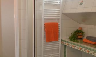 A modern bathroom with a shower and a sink. There are orange towels and a small plant on the shelf.