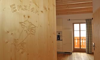 A bright room with a wooden floor and a wooden door, decorated with the word "Enzian" and a flower. In the background, there is a kitchen with light furniture and a window with a beautiful view.