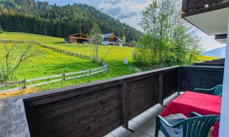 A balcony with a view of a green meadow and forested hills. In the foreground, there is a red table and chairs.