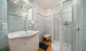 A modern bathroom with bright tiles and a shower cabin. It includes a sink, a toilet, and a large mirror.