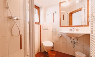 A modern bathroom with a shower, sink, and toilet. The floor is tiled with brown tiles.