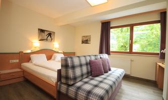 A cozy room with a double bed and a sofa bed. Large windows provide plenty of daylight and a view of the green trees outside.