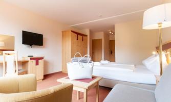 A cozy hotel room with a double bed, a television, and wooden furniture. The decor is modern and inviting.