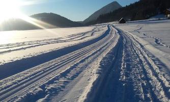 A snowy landscape with ski tracks in the snow. In the background, mountains and a cabin are visible, while the sun is shining.