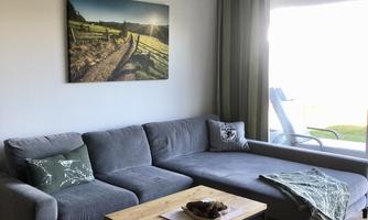 A cozy living room with a gray sofa and a wooden table.  
Large windows let in a lot of light and offer a view outside.