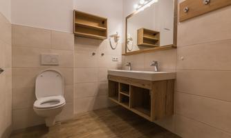 A modern bathroom with a toilet, a sink, and a mirror. The walls are light, and wooden shelves provide storage space.