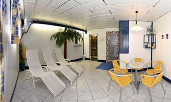 A bright interior with loungers and a small table with chairs. A palm tree creates a relaxed atmosphere.