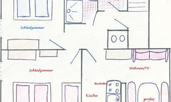 A floor plan of an apartment with various rooms. The areas include a bedroom, bathroom, kitchen, and living room.