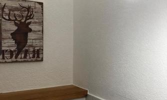 A bathroom with a wooden sign displaying a deer antler. There is a light wall and a wooden border.