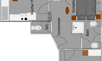 An apartment layout drawing with various rooms. The main areas are the kitchen, the living room, bedrooms, and the bathroom.