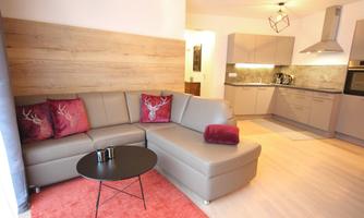 A cozy living room with a modern sofa and a round table. The walls are bright, and the kitchen is well equipped.