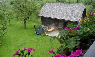 A cozy cabin on a green meadow, surrounded by trees. In front of the cabin, there is a table and a trampoline, while colorful flowers are blooming in the foreground.