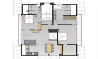 A floor plan drawing of a house with two bedrooms, one bathroom, and an open living area. The kitchen and dining area are also included in the layout.