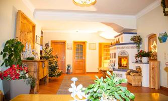 A cozy living space with a fireplace and plants. The room is bright and inviting with wooden details and decorative elements.