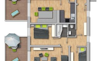 A detailed floor plan drawing of an apartment with various rooms. Furniture can be seen along with two terraces featuring umbrellas.