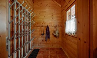 A cozy hallway with wooden walls and a large coat rack. There are some hooks for jackets and a small rug.