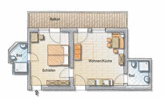 An apartment floor plan with two bedrooms, an open kitchen, and a balcony. There are two bathrooms and a cozy living area.