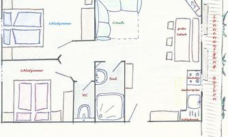 A simple sketch of a house with different rooms. The rooms include a bedroom, a bathroom, a kitchen, and a balcony.