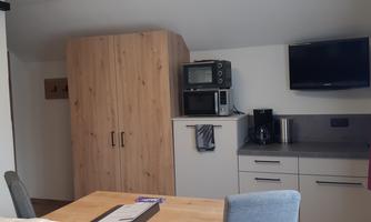 A modern kitchenette with a refrigerator, microwave, and television. There is a dining table and chairs in a bright room.