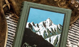 A book titled "To the Magic of the High Mountains" lies next to a traditional costume. The cover features snow-capped mountains.