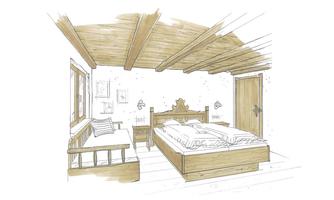 A cozy bedroom with a double bed and a sofa. The wooden beam ceiling and warm colors create an inviting atmosphere.