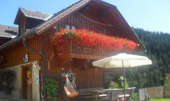 A rustic wooden house with a blooming flower box. In front, there is a table with an umbrella and a hammock.