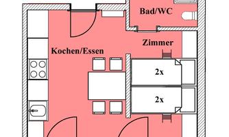 A simple floor plan drawing of an apartment with a kitchen and dining area as well as two bedrooms. The bathroom is also shown.