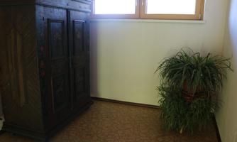 A wooden cabinet stands in the corner of a room. Next to it is a green potted plant.