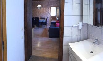 A modern bathroom with a shower, sink, and toilet. In the background, a living space is visible.