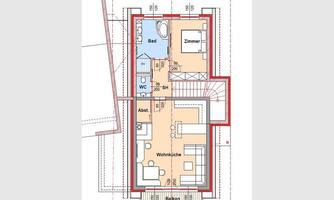 A floor plan of an apartment with several rooms. Visible are a bathroom, a toilet, and a living kitchen.