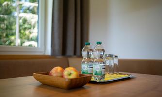 A decorative table arrangement with two apples, water bottles, and glasses. In the background, windows and curtains are visible.