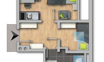 An apartment floor plan view with two bedrooms, a living room, and a kitchen. The space is designed modern and bright.