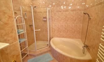 A modern bathroom with a bathtub and a separate shower. The walls are clad with light tiles, and there is a towel warmer.