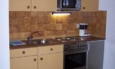 A modern kitchen unit with wooden cabinets and a stainless steel sink. It features a stove, an oven, and a microwave.