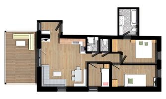 A floor plan drawing of an apartment with various rooms. The apartment includes a living room, bedroom, and a bathroom.